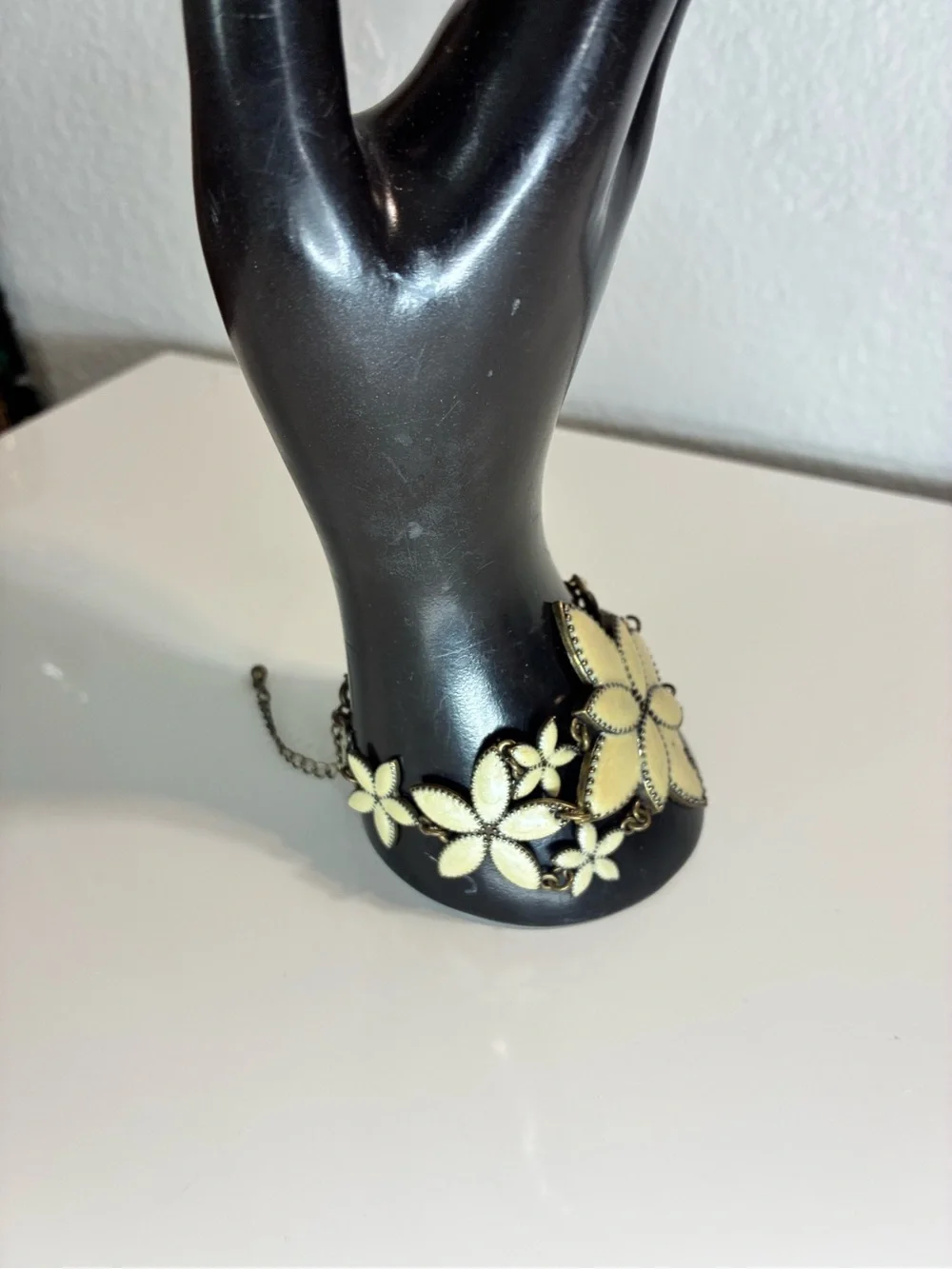 Cream Gold Metallic Enamel Floral Statement Bracelet Lightweight Boho Casual